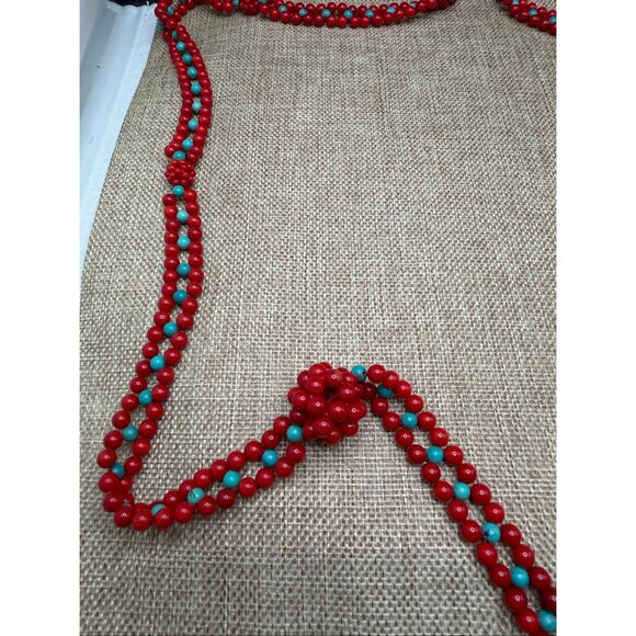 Long Red & Turquoise Glass Bead Necklace with Knotted Accents Unique - Picture 5 of 10
